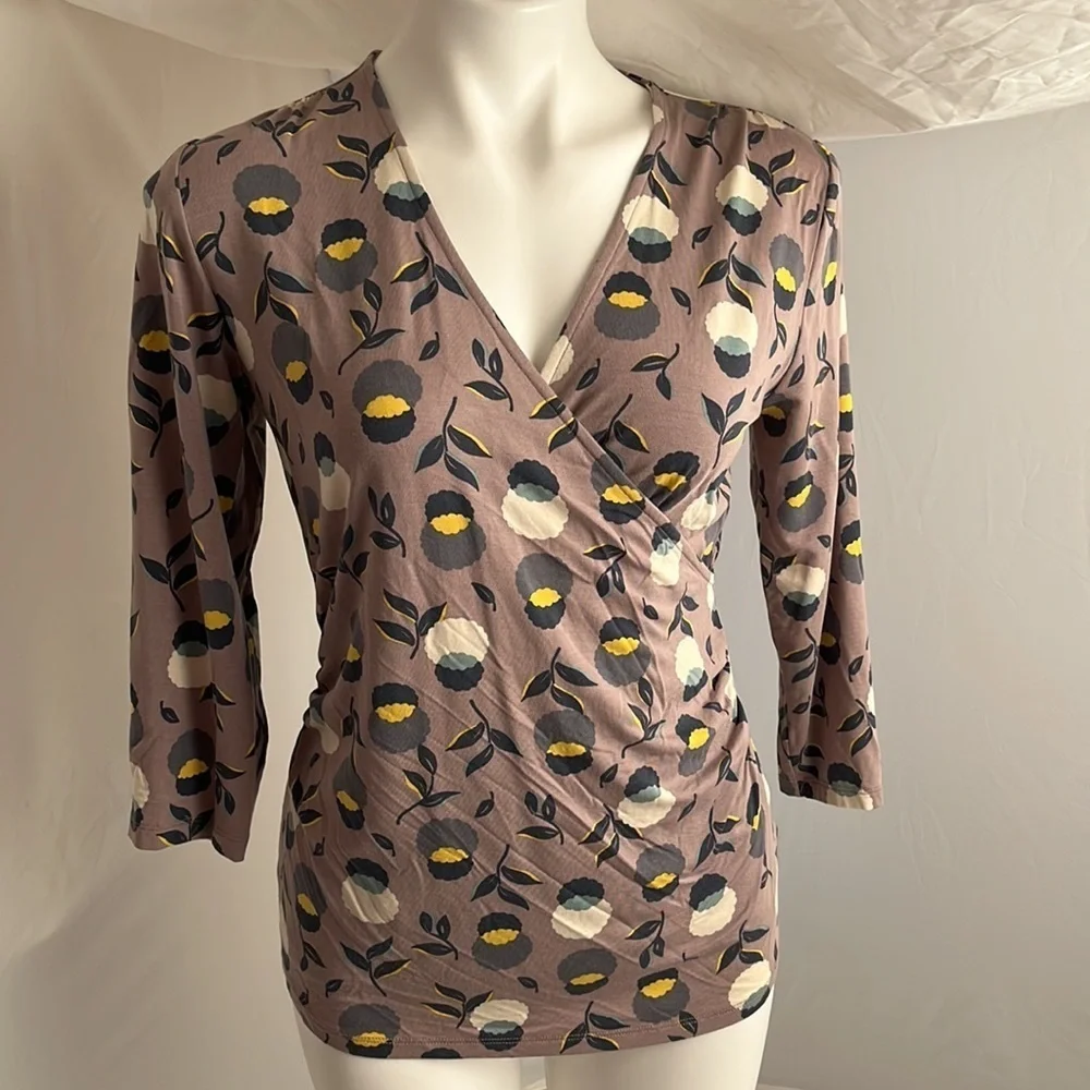 Boden Aubergine multicolor floral stretch faux ruched wrap top